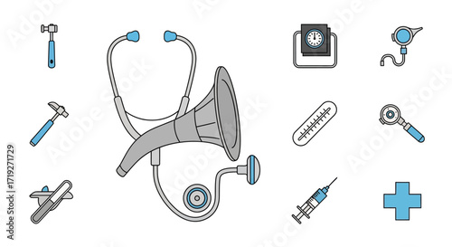 Medical Tools and Equipment Illustration - Stethoscope, Syringe, Thermometer, and More.