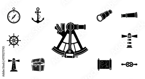 Nautical Navigation Icons - Compass, Anchor, Sextant, Telescope, Wheel, Lighthouse, Treasure Chest, Map, Knot.