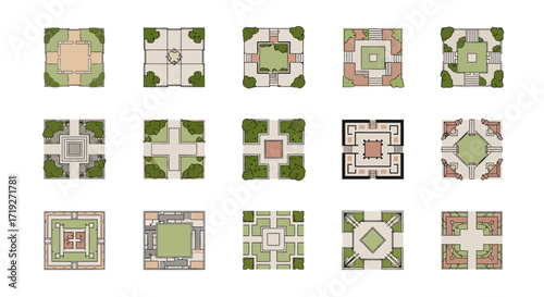 Overhead view of various garden designs and architectural layouts.