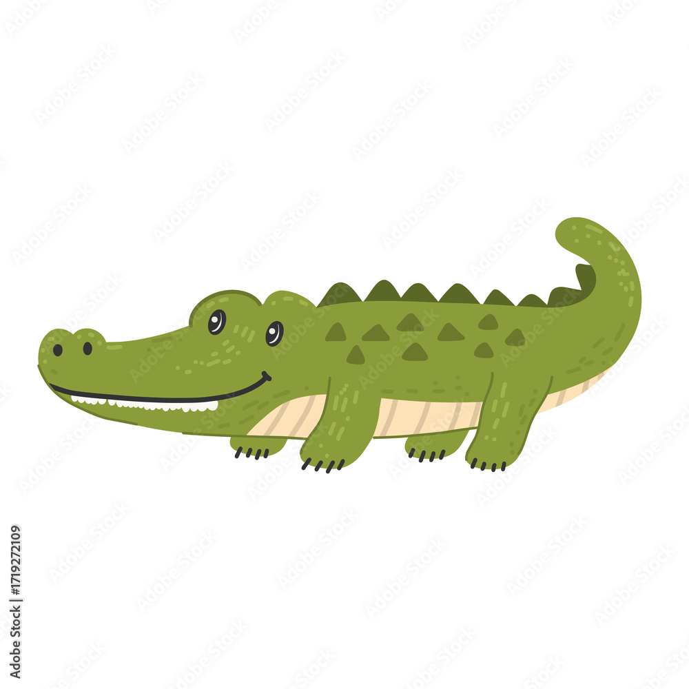 Naklejka premium Crocodile wild animal with friendly smile in hand drawn, doodle style. Suitable for safari and jungle themed designs. White background.