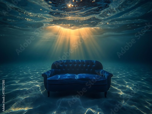 Surreal underwater scene with a sofa bathed in light