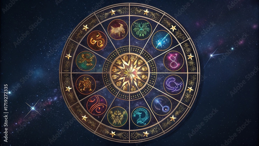 Obraz premium Zodiac wheel design featuring constellation textures in a cosmic backdrop