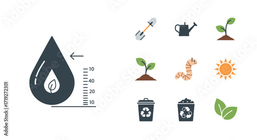 Water drop leaf plant growth icons set.