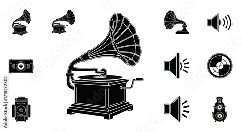 Vintage Phonograph and Audio Equipment Icons.