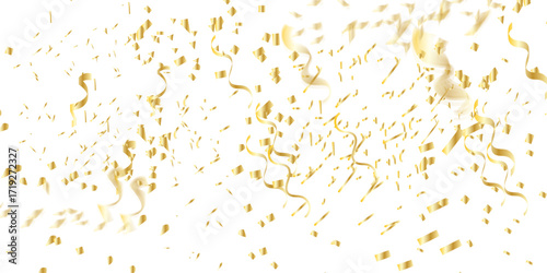  celebratory display of golden confetti  and streamers falling against a white background backdrop perfect for adding a celebratory touch to any design or project.