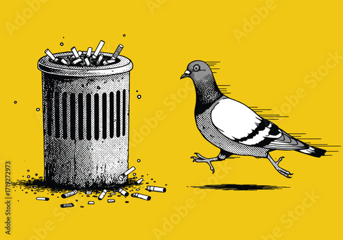 A pigeon walks past a trash can overflowing with cigarette butts against a bright yellow background, creating a stark contrast between nature and human pollution, highlighting environmental issues