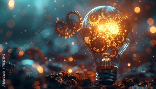 Futuristic light bulb filled with intricate glowing gears, symbolizing a brilliant idea, creative innovation, and the complex mechanics of technological advancement in a dark, atmospheric setting