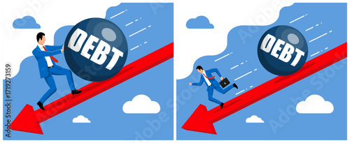 Businessman pushing and running from a debt ball down a red arrow. Business crisis concept, financial problem, bankruptcy, and fiscal burden.