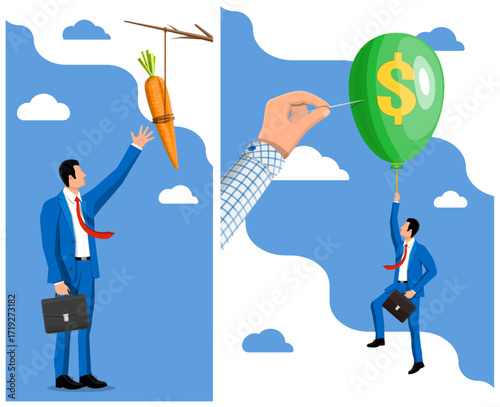 Man reaching for a dangling carrot and another man holding a money balloon. Business aspiration, motivation, and risk.