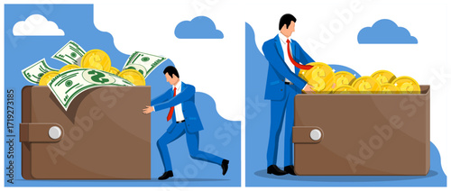 Man pushing overfilled wallet with currency and pulling money from wallet. Financial management, budget planning, wealth concept.