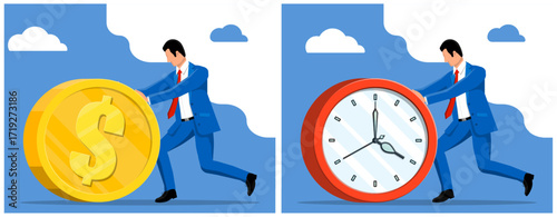 Businessman pushing a giant golden coin with a dollar sign and a clock. Effective time and money management for business success.