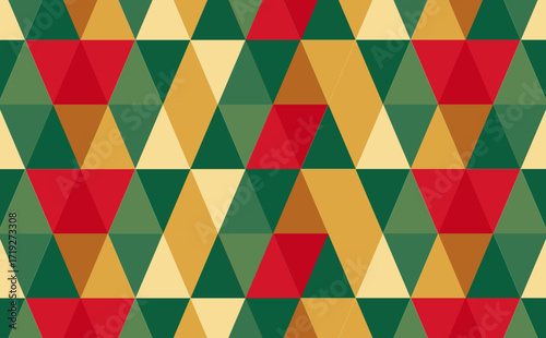  A seamless pattern of interconnected diamond and triangular shapes in a festive color scheme of deep red, green, and various shades of gold.