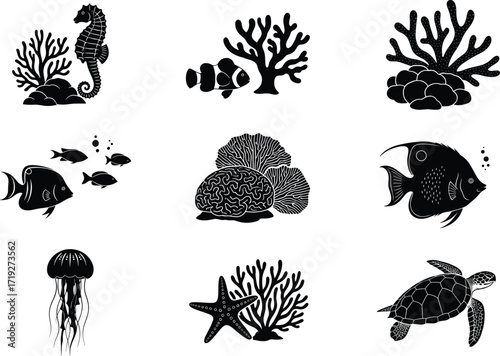 Marine life silhouette set, black vector sea animals, coral reef elements, underwater creatures, editable ocean clipart, aquatic design, nature illustration