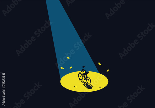 A cyclist rides into the spotlight, surrounded by falling leaves, creating a dramatic scene with a dark blue background, emphasizing the beauty and solitude of a night ride