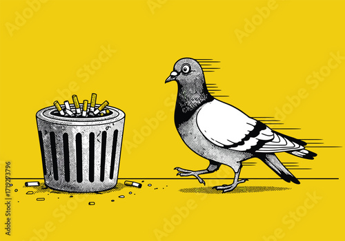 A pigeon walks past a trash can overflowing with cigarette butts against a bright yellow background, creating a stark contrast between nature and human pollution, highlighting environmental issues