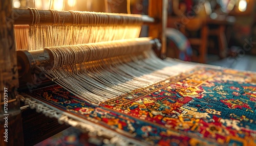Close-up of a traditional handloom weaving a richly colored, intricate carpet with a warm, inviting glow