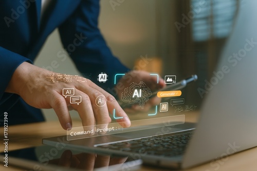 Artificial intelligence development,man using laptop with AI command interface,concept of machine learning,automated generation,technology integration and future computing innovation