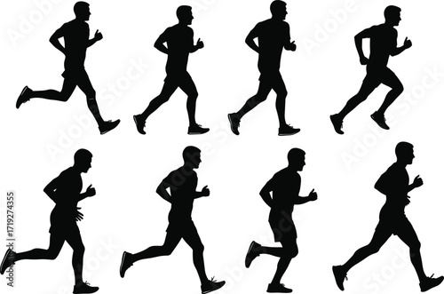 Running silhouette sequence, athletic motion phases, human biomechanics, sports training concept, dynamic stride illustration, black figure movement, fitness, exercise, speed