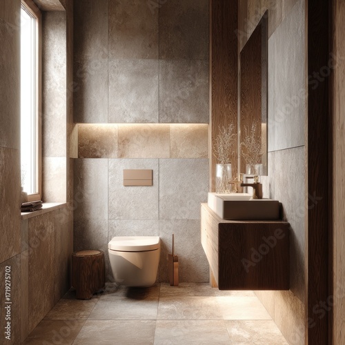 Modern minimalist bathroom with wood and stone features, featuring a wall-mounted toilet, a floating vanity with a vessel sink, and a large window providing natural light