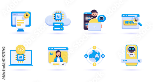 Modern 3D illustration of AI chatbot on smartphone with speech bubble and text input bar. Futuristic design for apps, messaging, customer support, and artificial intelligence concepts. Vector