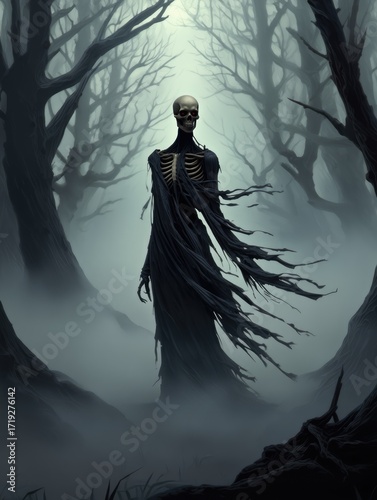 A spectral figure emerges from a misty, ominous forest, shrouded in darkness and mystery.