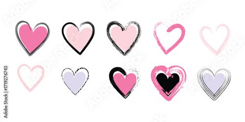 Collection of hand drawn hearts, love and romance