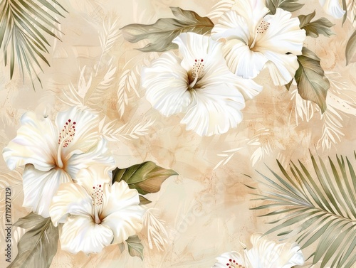 A beige background features a watercolor-style design of off-white hibiscus flowers and tropical palm leaves