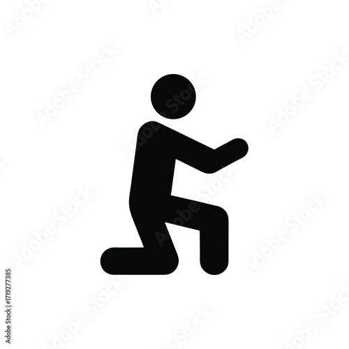A simple black silhouette of a person kneeling with arms outstretched on a white background
