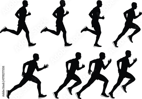 Running silhouette sequence, human motion study, biomechanics breakdown, athletic stride, sports training, animation reference, black figure, sprint, exercise, posture
