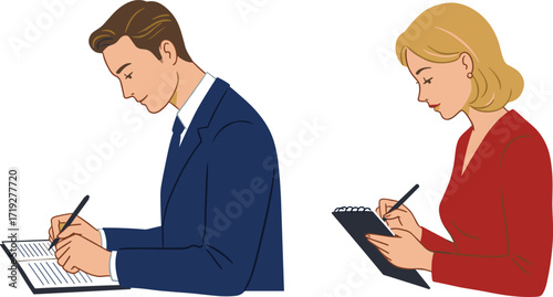 Business people writing notes, office teamwork collaboration, professional attire, corporate meeting preparation, executive management planning, workplace productivity, career success, 