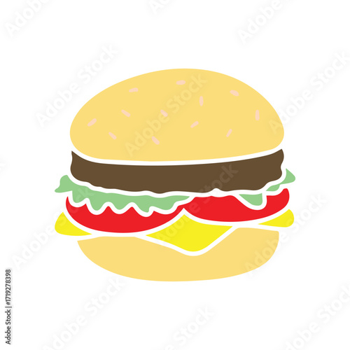 A playful cartoon hamburger with classic toppings in a whimsical design