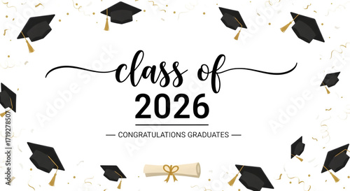 Class of 2026 graduation announcement with caps and diploma isolated on transparent background