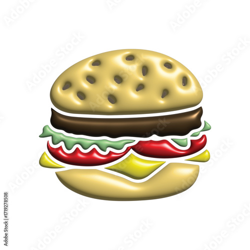 Delicious and realistic 3D illustration of a classic cheeseburger with lettuce, tomato, and cheese, perfect for food-related designs