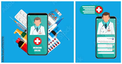 Online medicine on a mobile phone with a doctor on screen. Telemedicine consultation and digital healthcare. Application for medical service.