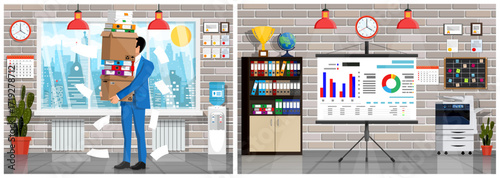Man carrying a stack of boxes and documents with papers flying around the office. Business burden or stress concept. Office interior background for design.