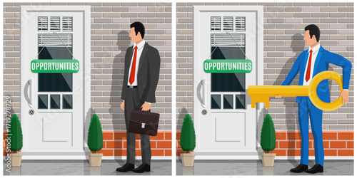 Man without key standing by a closed door, and man with large golden key ready to open opportunities door. Business chance concept.