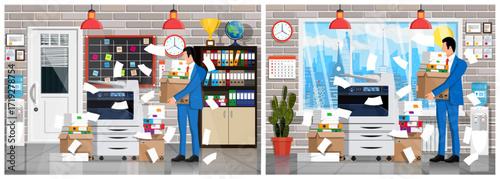 Businesswoman and businessman overload with documents in office. Time to change management and improve business process. Paper work concept.