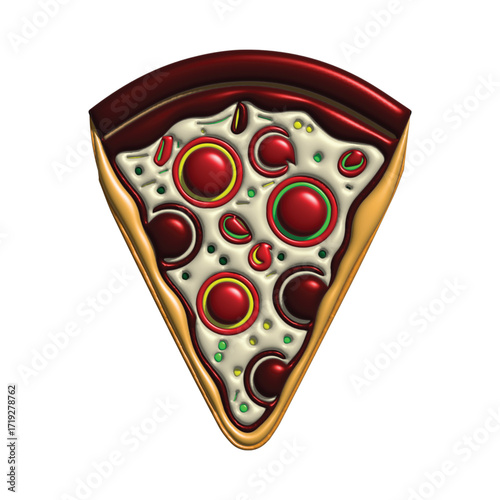 Stylized 3D illustration of a pepperoni pizza slice with a glossy, embossed effect on a white background