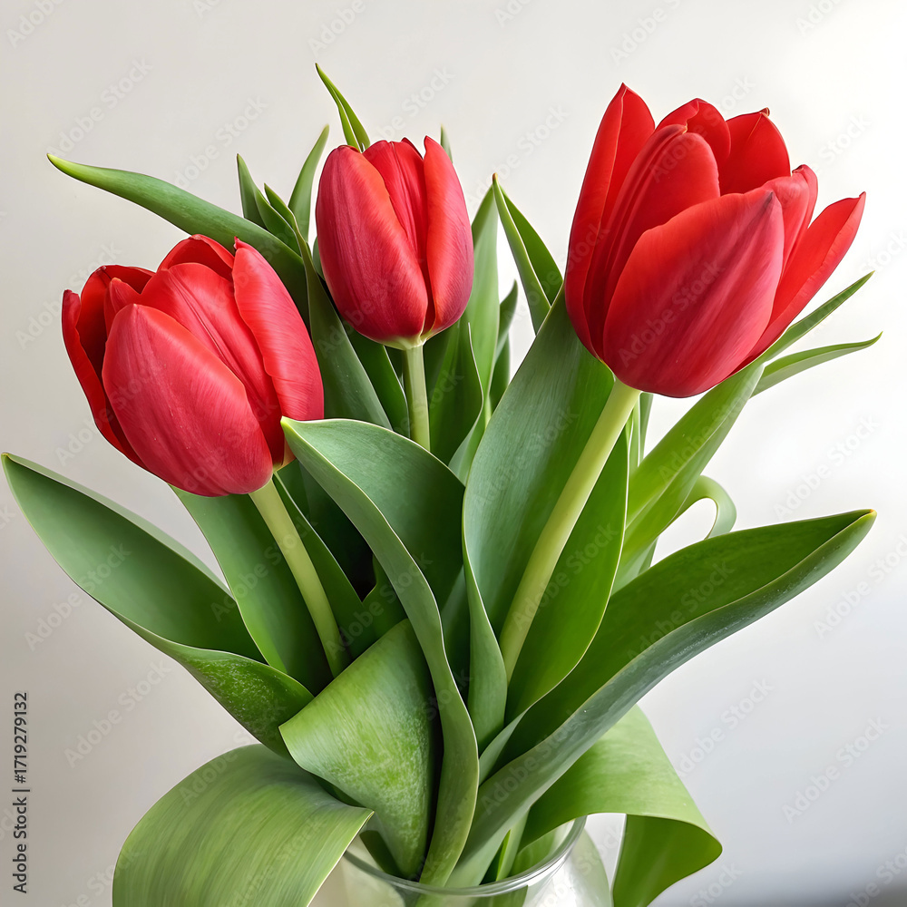 Obraz premium Three red tulips in bloom a vibrant spring bouquet