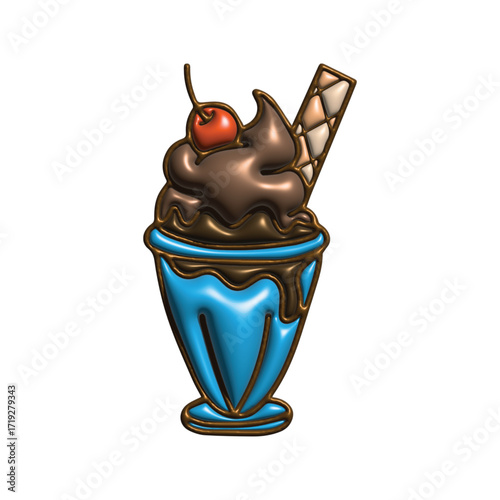 Vibrant digital illustration of a classic chocolate ice cream sundae in a blue glass, a delicious and indulgent sweet dessert icon isolated on a white background