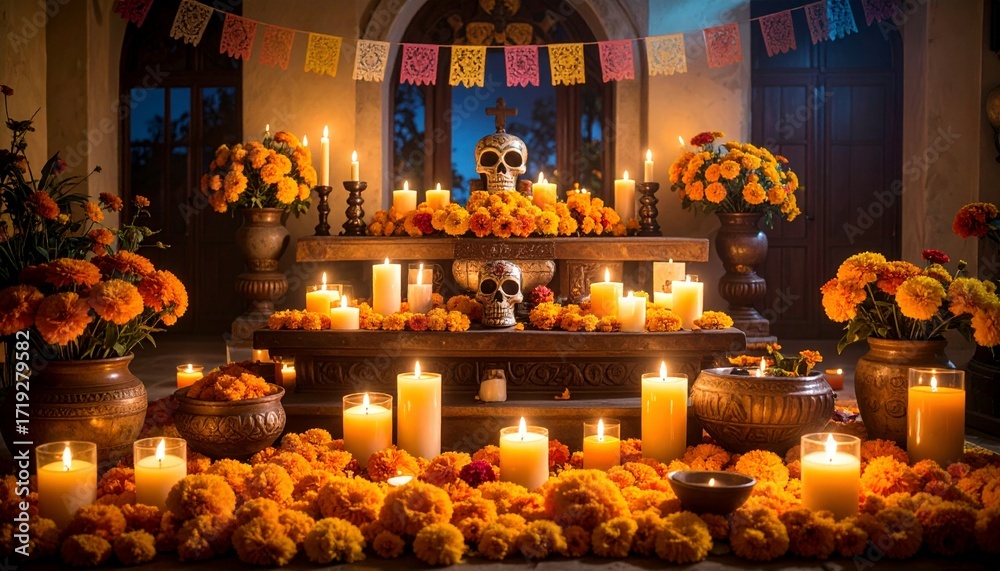 Fototapeta premium Traditional Mexican Day of the Dead altar with marigolds and candles