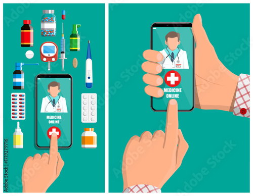 Man hand holding smartphone with doctor on screen. Online medicine consultation concept. Healthcare application for telemedecine.