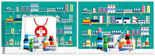 Healthcare store or pharmacy interior with shelves full of medicament. Medical bag with drugs, pills, and thermometer on counter. Pharmacy flat style vector set collection illustration.