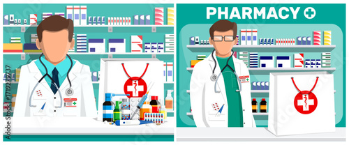 Male pharmacist providing medications at pharmacy counter with various drugs and supplies. Healthcare and medical service concept.