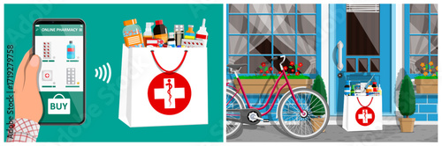 Mans hand holding smartphone with online pharmacy application. Drug order delivery concept with medical bag at door. Modern healthcare service.