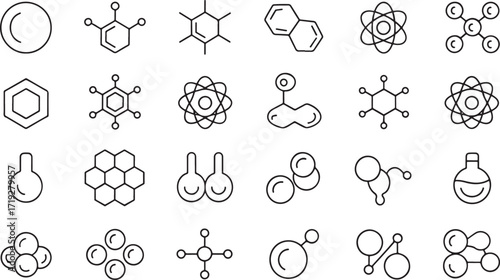 Black and white molecular structure icons set – abstract chemistry and science symbols for digital design