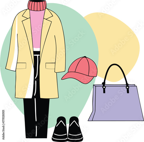 Flat Lay Outfit With Jacket, Sweater, Pants, Shoes, Cap, and Bag Keywords flat lay, outfit, fashion
