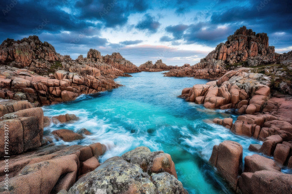 Fototapeta premium Rocky coast with turquoise water at sunset