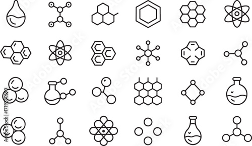 Black and white molecular structure icons set – abstract chemistry and science symbols for digital design