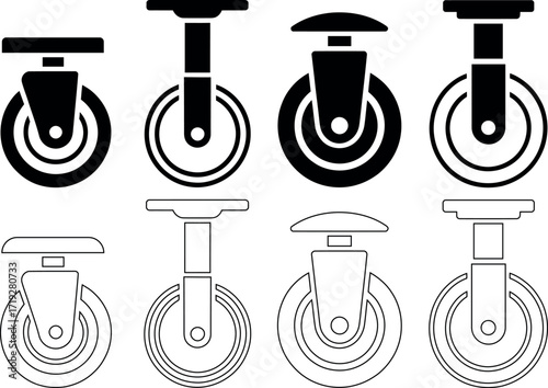 Different Types of Industrial Casters Wheels Solid Black and Outline Styles